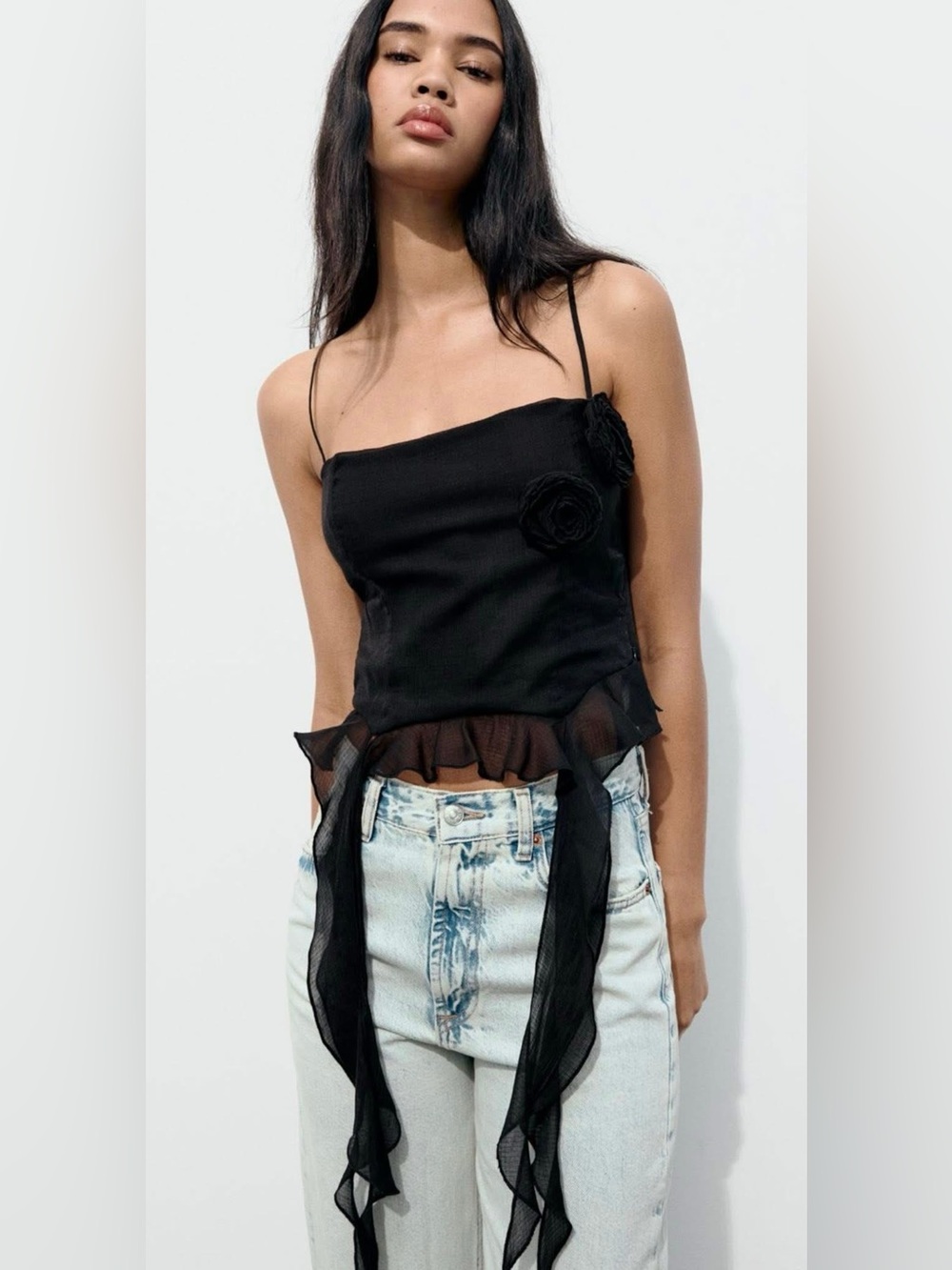 Zara Black Spaghetti Strap Floral Appliqué Top